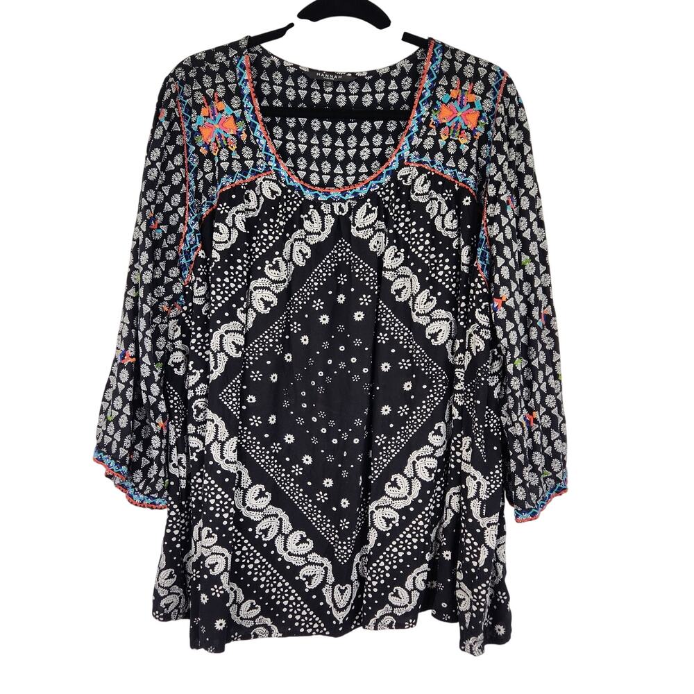 Hannah Black Boho Embroidered Paisley Blouse Women's Size 1X Western